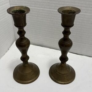 Vintage Set of 2 Brass Candlestick Holders Round Base Made in‎ India 6 3/8" Tall